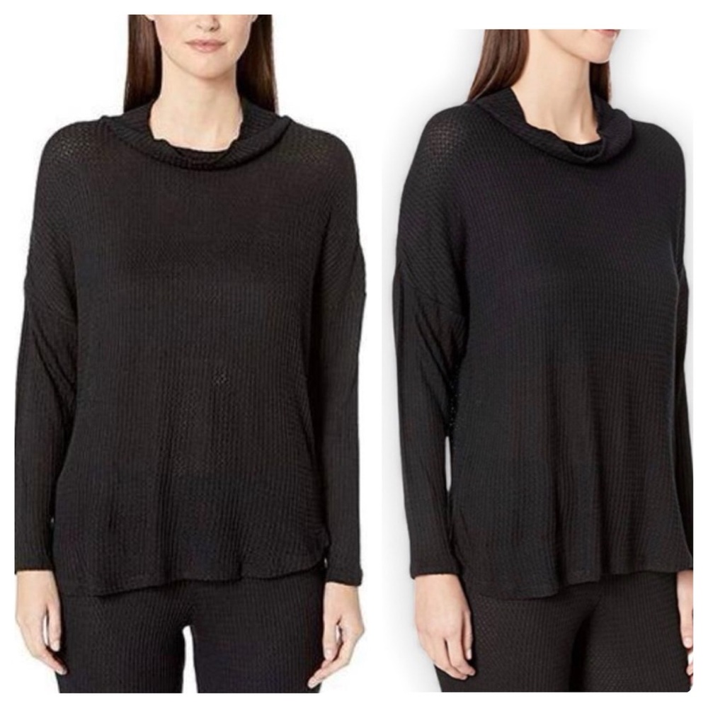 Eberjey Ula Cowl Neck Waffle Knit Top in Black